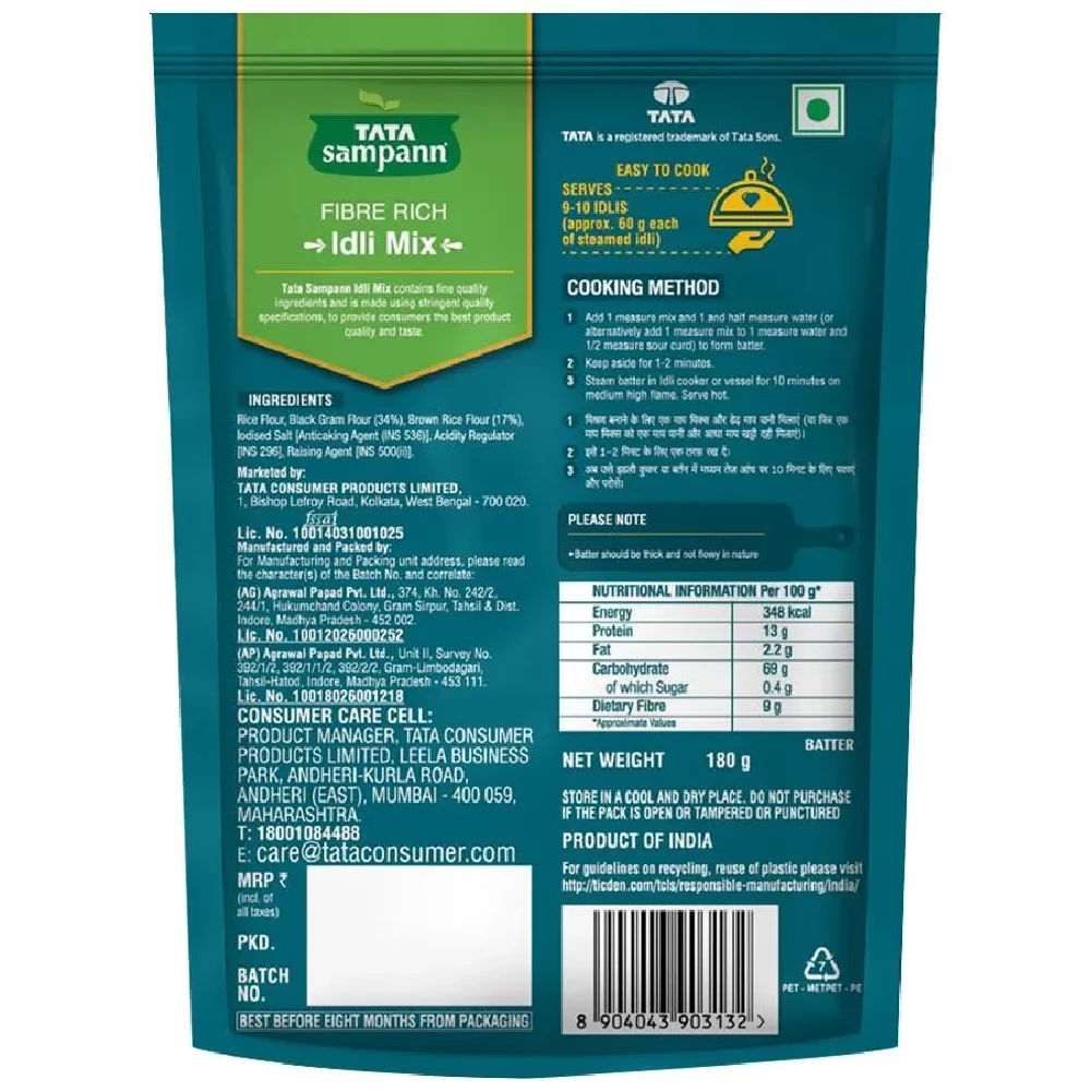 Tata Sampann Fibre Rich Idli Mix - Instant Ready To Cook Mix, 180g-3.webp